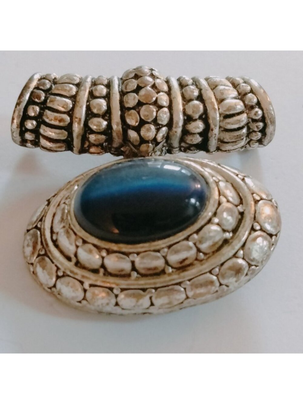 Silver Pendant Blue Tiger Eye Oval Stone Vintage Ornate Enhancer